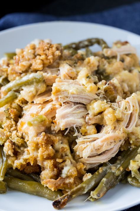 Crock Pot Chicken and Stuffing with Green Beans Spicy Southern Kitchen Recipes Crock Pot, Chicken Corn Green Beans, Stuffing Chicken Casserole Crockpot, Chicken Stuffing Green Bean Casserole, Stuffing Green Bean Casserole, Crock Pot Chicken And Stuffing, Crockpot Green Beans, Chicken And Stuffing, Beans In Crockpot