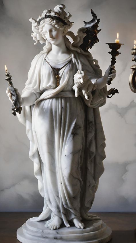 Hecate Statue Aesthetic, Greek Goddess Hecate Art, Hekate Alter, Hecate Goddess Aesthetic, Greek Mythology Hecate, Hestia Statue, Lady Hecate, Hekate Tattoo, Hecate Art