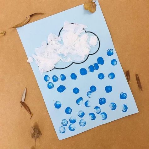 Rainy Weather Crafts Preschool, Sky Crafts Preschool, Rain Toddler Crafts, Raindrop Crafts For Toddlers, Rain Toddler Activities, Rain Activity Preschool, Preschool Cloud Activities, Cloud Crafts For Toddlers, Weather Theme Preschool Activities