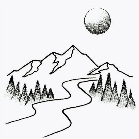 Tree And Mountain Drawing, Mountain Stream Drawing, Forest With River Drawing, River And Mountains Drawing, River Easy Drawing, Mountain With River Drawing, Land Drawings Easy, Mountain River Drawing, Mountain And River Drawing