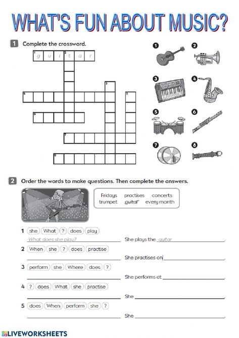 Musical instruments: online worksheet and pdf Music Vocabulary, Improve English Speaking, School Board Decoration, Improve English, Music Worksheets, Fun Music, Teddy Bear Picnic, English As A Second Language (esl), Vocabulary Worksheets