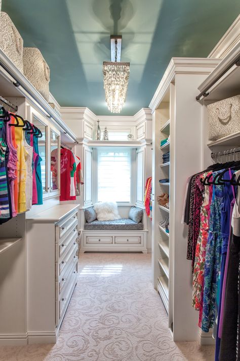 Sherwin-Williams Underseas, used by Lisa Whelan of MJ Whelan Construction on this closet ceiling, are beautiful and relaxing, particularly in a personal space like a closet. Small Dressing Rooms, Master Closet Design, Dressing Room Closet, Walking Closet, Dream Closet Design, Walk In Closet Design, Closet Design Layout, Closet Renovation, Closet Layout