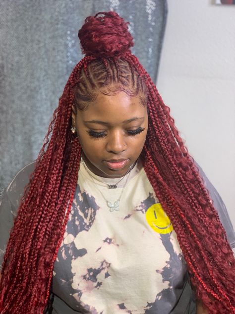 Red Box Braids With Curls, Hairstyles Red And Black, Red And Black Box Braids, Braided Hairstyles Red, Box Braids With Curls, Red Goddess, Red Box Braids, Latest Braided Hairstyles, Black Box Braids