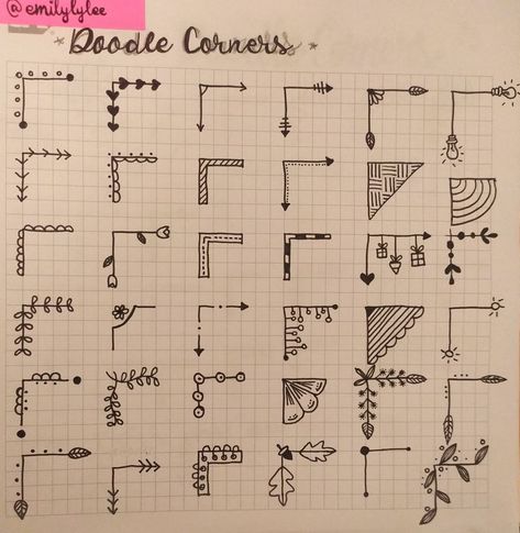 Scrapbook Corner Design, Corner Page Doodles, Corner Paper Doodles, Notebook Corner Doodles, Notebook Corner Design, Corner Doodle Ideas, Assignment Notes Ideas, Corner Drawings Doodles, Things To Draw On Your Notebook Cover