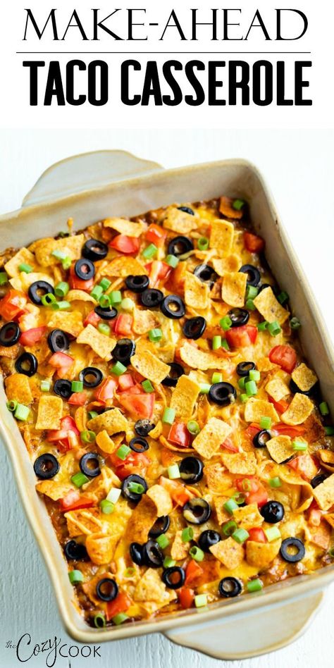 This Taco Casserole Recipe is loaded with all of your Mexican favorites and topped with Doritos, Fritos, or Tortilla Chips! It’s easy to assemble days ahead of time and bake later for an easy dinner! #tacocasserole #taco #mealprep #casserole #mexicanfood Dump And Bake Taco Casserole, Fritos Recipe, Mexican Toppings, Easy Taco Casserole, Make Ahead Casseroles, Mexican Favorites, Cozy Cook, Recipes For A Crowd, Mexican Pizza