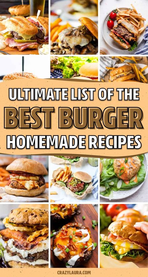 Whether you want to grill up a new dinner recipe or you want to switch up your burger game, this list of the best burger recipe tutorials will give you some new ideas to make at home! Different Burgers Ideas, Yummy Burger Recipes, Good Burger Recipes, Fall Burger Ideas, Burger Ideas For Dinner, Crazy Burger Ideas, Best Burger Recipes, Unique Burger Ideas, Fun Burger Recipes