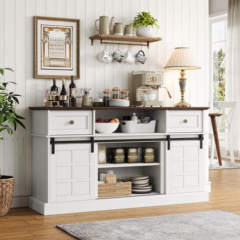 PRICES MAY VARY. 【Stylish Buffet Sideboard】 Naice buffet cabinet with flip-up drawers, beautiful and elegant farmhouse style, adding rustic charm flair. Features 2 sliding barn doors, save space and you can easily access to items via metal slides that glide smoothly and quietly. 【Ample Storage Space for All Needs】①The spacious tabletop can place coffee makers or buffet lamps. ②With adjustable shelves, you can customize your storage space. ③2 drawers allow you to classify your tableware, tissues, Sideboard Kitchen Storage, Dining Room Buffets And Sideboards, Kitchen Buffet Cabinet Decor, How To Style A Buffet Table, Kitchen Buffet Decor, Buffet Cabinet Decor, How To Style A Buffet, Kitchen Decor Ideas Farmhouse, Vintage Buffet Cabinet