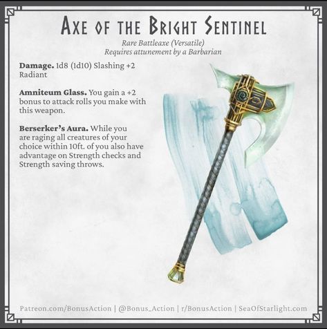 Magic Items For Barbarians, Dnd Greataxe Homebrew, Dnd 5e Magic Axes, Dnd Scythe Item, Dnd 5e Battleaxe, Magic Greataxe, Dnd Loot, Magic Objects, Dnd Table