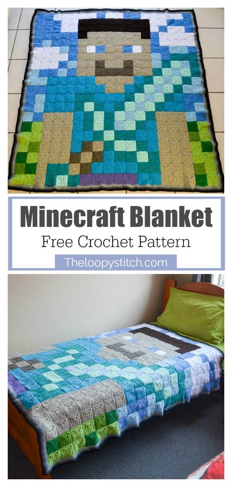 Minecraft Blanket Free Crochet Pattern Minecraft Crochet Patterns, Minecraft Blanket, Minecraft Quilt, Minecraft Crochet, Minecraft Pattern, Blanket Squares, Knit Afghan, Knit Patchwork, Crochet For Beginners Blanket