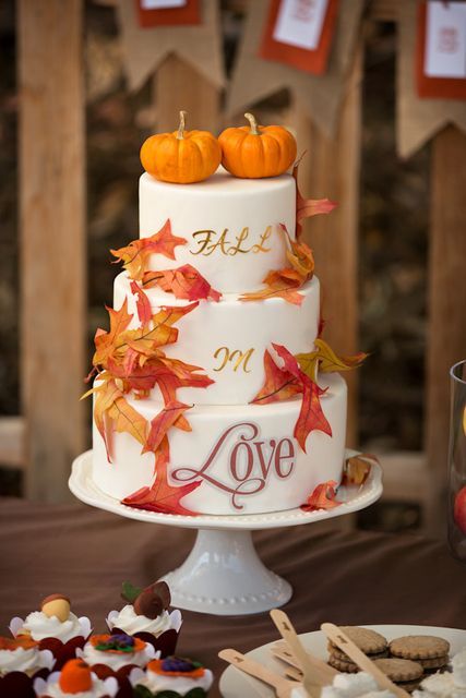 Such an amazing cake at a Fall Bridal Shower!  See more party ideas at CatchMyParty.com!  #partyideas #fallwedding Pumpkin Wedding Cakes, Fall In Love Bridal Shower, Wedding Shower Cakes, Colorful Wedding Cakes, Autumn Bridal, Pumpkin Wedding, Colors Wedding, Wedding Cake Table, Fall Cakes