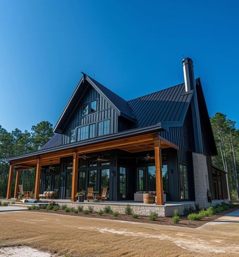 (20+) Facebook Black Barnodium Homes, All Black Farmhouse, Farmhouse Exterior Black, Black House With Wood Accents, Dark Grey Farmhouse, Industrial Farmhouse Exterior, Black Barndominium Exterior, Modern Black Farmhouse, Dream House Garage