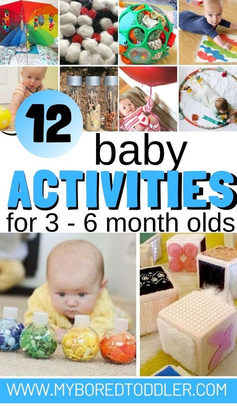 12 baby activities for 3 - 6 month olds - fun activity ideas to do at home with a baby aged 3 months, 4 months, 5 months or 6 months - easy baby play ideas and activiies for babies under 6 months old #myboredtoddler #babyplay #babytips #babyactivity #babyactivities Activities Four Month Old, Crafts For 4 Month Old, 4 Month Montessori Activities, Montessori Activities 5 Month Old, Sensory 5 Month Old, 5-6 Month Old Activities, 3 Month Sensory Play, Diy Sensory Play For 6 Month Old, Sensory Ideas For 6 Month Olds