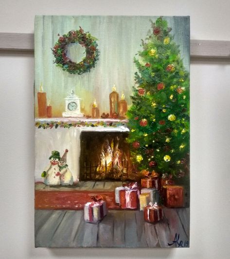 Winter Painting Ideas On Canvas, Christmas Paintings On Canvas Acrylics, Oil Painting Christmas, Painting Christmas, Black Art Painting, Winter Painting, Cute Paintings, Black And White Painting, Easy Watercolor