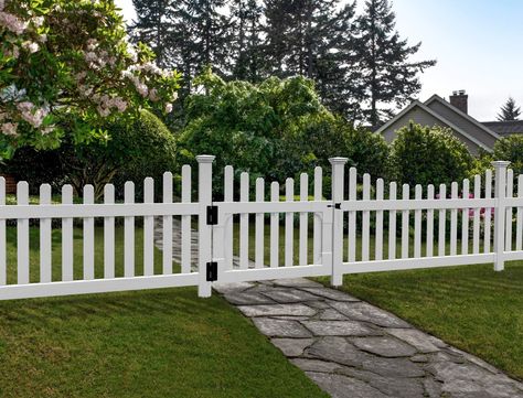 Crafted from premium weather resistant vinyl Virtually maintenance-free; no painting, staining or maintaining required Gate has a 42in wide opening; actual gate width is 41in Designed to work with the All American Vinyl fence (ZP19041) Includes powder coated stainless steel hinges and latch Care instructions: Rinse with garden hose and wipe with cloth and mild cleanser Picket Fence Gate, Vinyl Picket Fence, Picket Gate, Vinyl Gates, Welcoming Entryway, Vinyl Fence Panels, Home Fencing, Outdoor Gate, Beach Backyard