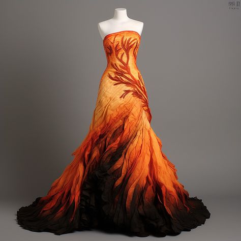 Catness Everdeen Fire Dress, Fire Dress Gowns Ball, Fire And Ice Formal Dress, Sunset Dress Gowns, Fire Inspired Gown, Fire And Ice Prom Theme Dress, Autumn Inspired Fantasy Dress, Flame Dress Gowns, Fire Prom Dress