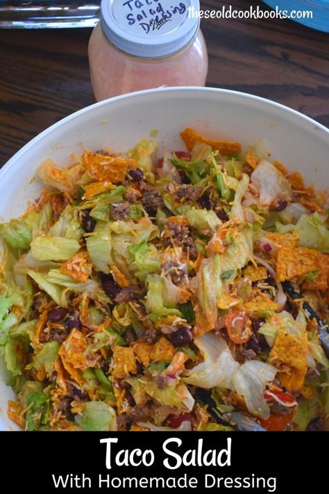 Taco Salad with Homemade Dressing Recipe and Doritos Dorito Taco Salad Recipe, Taco Salad Dressing, Homemade Dressing Recipe, Taco Salad Doritos, Salad Taco, Salad Bowl Recipes, Taco Salad Bowls, Yummy Veggies, Taco Salads