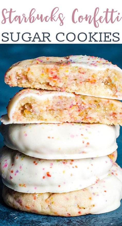 If you love sugar cookies, you'll love these Starbucks Copycat Confetti Sugar Cookies. Tips for the thickest sugar cookie dipped in white chocolate. #sugarcookies #cookies #confetti #sprinkles Copycat Starbucks Snowman Cookie, White Chocolate Dipped Sugar Cookies, Starbucks Cookie Recipe, Starbucks Copycat Recipes Food, White Chocolate Dipped Cookies, Starburst Cookies, Starbucks Sugar Cookie Recipe, Sugar Cookie Mix Recipes, Copycat Dessert Recipes