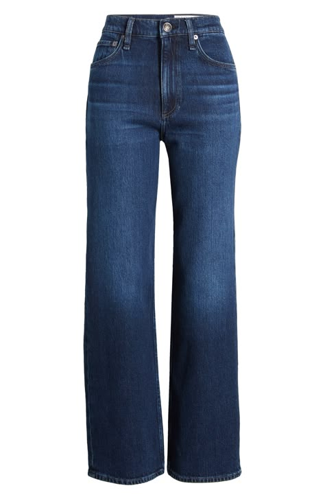 Of-the-moment jeans feature a faded dark wash, a high waist and a wide-leg silhouette. 29 1/2" inseam; 20" leg opening; 12" front rise; 15 1/2" back rise (size 29) Zip fly with button closure Five-pocket style 99% cotton, 1% elastane Machine wash, line dry Made in Turkey Dark Wash Straight Jeans, Dark Jeans Aesthetic, Dark High Waisted Jeans, Dark Washed Jeans, Fall Thrift, Fall Bottoms, Dress Reference, Blue High Waisted Jeans, Dark Wash Jeans Women