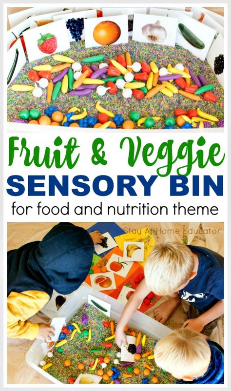 Healthy Eating Sensory Activities, Health And Nutrition Sensory Bin, Healthy Food Sensory Activities, Healthy Eating Week Eyfs, Fruit And Vegetable Sensory Play, Healthy Eating Sensory Bin, Fruit And Veggie Sensory Bin, Healthy Eating For Preschoolers, Grocery Store Sensory Bin