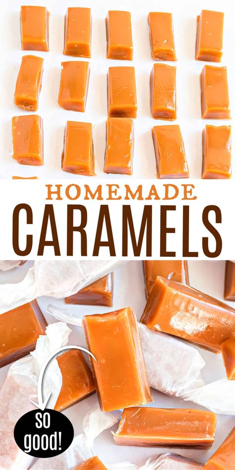 These delicious homemade caramels are soft and chewy and the perfect holiday gift. Our tried and true recipe has been in the family for over 30 years and results in buttery caramels every time! Homemade Caramel Recipes, Caramels Recipe, Homemade Caramels, Christmas Candy Homemade, Christmas Cookie Recipes Holiday, Caramel Treats, Shugary Sweets, Butter Toffee, Candy Recipes Homemade