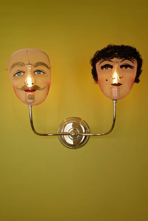 …nudge, nudge, wink, wink These handmade K’achampa masks are used to celebrate Corpus Christi and other rituals in Cusco. They are the perfect objet d’art for your sconce, chandelier, or lamp. We’ve fashioned them with clips for candelabra-sized bulbs. Pictured with the Vendome Sconce from Visual Comfort. 6.5"w x 8"h E Artsy Lamp, Circus Lamp, Christmas Apartment Decor, Unique House Decor, Light Design Ideas, Wall Light Art, Furniture Cute, Stairway Art, Glam Art Deco