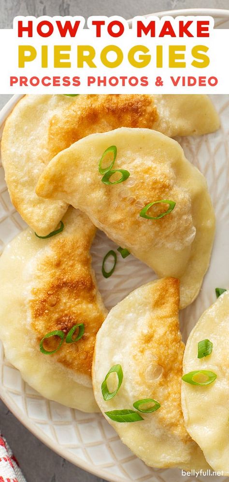 This homemade Polish Pierogi recipe starts with tender dough and then has a potato and cheese filling. They're pan fried in butter and served with sour cream. Learn how to make pierogies with these step by step photos and easy video instruction! Perogies Dough Recipe Sour Cream, Easy Perogies Dough Recipe, Potato Cheese Pierogi, Cheese And Potato Perogies, Easy Homemade Perogies, Perogies Recipe Easy, Pierogi Recipe Easy, Mini Perogies Recipe, Potato Pierogi Filling