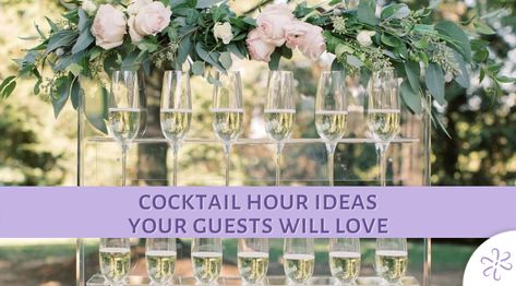 Cocktail Hour Ideas Your Guests Will Love At Home Cocktail Party Decor, Cocktails For Wedding Bar Ideas, Pre Ceremony Cocktail Hour, Interactive Cocktail Hour, Ideas For Cocktail Hour At Wedding, Social Hour Wedding Ideas, Outdoor Cocktail Party Decorations, Wedding Happy Hour Ideas, Cocktail Wedding Decor