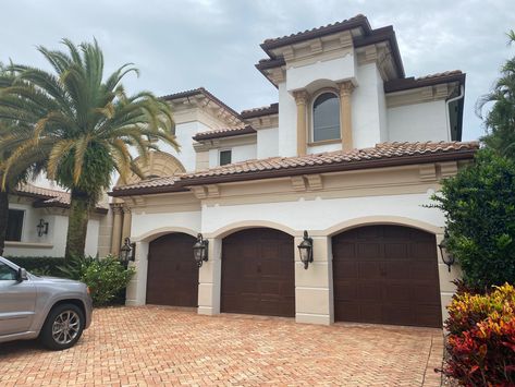 Dark Garage, Spanish Mission, Wood Garage, Wood Garage Doors, Double Garage, Spanish Style, Garage Door, Dark Wood, Outdoor Spaces