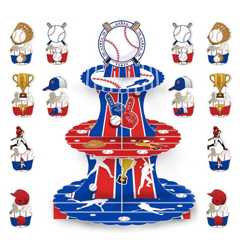 PRICES MAY VARY. Unique Baseball Design: This baseball cupcake display stand is designed with a full panel artwork, seamlessly connecting from top to bottom into a cohesive whole. The vibrant colors of the baseball cupcake stand make your baseball themed party lovely and exciting, fulfilling your decoration needs for a baseball theme party. Package Includes: you will receive 1 piece 3 tier baseball theme cupcake holder, 12pcs baseball cupcake toppers and 12pcs cupcake wrappers. 15.7 inches in he Baseball Party Decorations, Cupcake Holders, 12 Cupcakes, Baseball Party, Baseball Birthday, Baby Shower Party Supplies, Kids Baseball, Cupcake Stand, Baby Shower Party