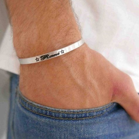 "Men's Personalized Bracelet - Engraved Men's Bracelet - Customized Men Bracelet - Personalized Gift - Anniversary Gift - Men Silver Bracelet Looking for a gift for your man? You've found the perfect item for this!  This simple and beautiful cuff bracelet  made of 925 sterling silver. You can engrave on it names, sentences, dates, signs ... Bracelet Length:  6.8\" (17.5 cm ).  Need a different length just write it to me in the \"message to the seller\" box of the order form. Item will arrive in Men Silver Bracelet, Secret Message Bracelet, Message Bracelet, Jewelry Pliers, Mens Bracelet Silver, Custom Bracelet, Men Bracelet, Personalized Bracelet, Mens Anniversary Gifts