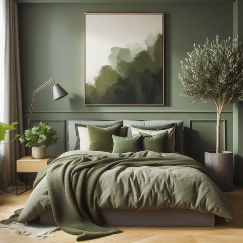 Olive Green Bedroom Bedding Olive Green, Olive Green Room Decor, Sage Green Bedroom Decor Ideas, Olive Green Accent Wall Bedroom, Botanical Bedroom Ideas, Olive Green Bedroom Ideas, Bedroom Olive Green, Olive Green Rooms, Beige Upholstered Headboard