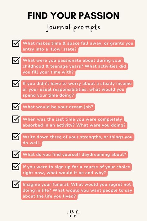 What inspires you and makes you get out of bed in the morning? These 9 journal prompts to find your passion are a great way to get to know yourself at a deep level and work out what makes you tick! Read more on how to embrace creativity on the blog. 🌱 Journal Prompts For Finding Your Passion, Knowing Yourself Questions, How To Know Your Passion, Journal Prompts To Find Your Purpose, Get To Know Yourself Journal Prompts, How To Find A Hobby, How To Find Yourself, How To Get To Know Yourself, How To Find Myself