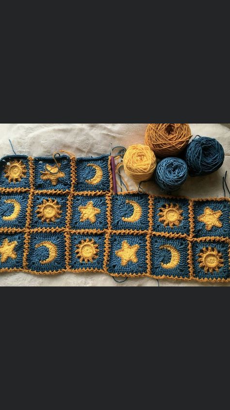 Sun And Moon Granny Square Blanket, Starry Night Granny Square, Galaxy Granny Square, Celestial Granny Square Blanket, Space Themed Granny Square, Sun Moon Crochet Blanket, Night Sky Crochet Blanket, Moon Blanket Crochet, Witchy Crochet Granny Square