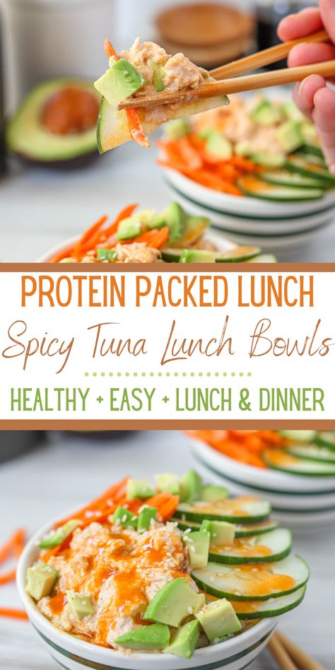 These easy, healthy and delicious tuna lunch bowls will have your lunches prepped in a flash! Say goodbye to your traditional tuna salad and hello to this Spicy Tuna version! It can be whole 30 approved and can be used in many ways like bowls, wraps and sandwiches. Enjoy this easy, addiciting and healthy lunch ready for your meal prep this weekend! Post Workout Tuna Recipe, Low Carb Tuna Lunch, Tuna Fish Meal Prep, Healthy Tuna Fish Salad, Spicy Tuna Salad Sandwich, Spicy Tuna Wraps, Tuna Bowl Meal Prep, Spicy Tuna Bowl Meal Prep, Healthy Spicy Tuna Bowl