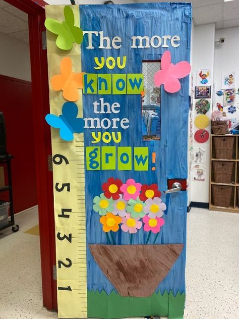 DIY Spring Classroom Door Decor - RecipeMagik When We Learn We Grow Classroom Door, Spring Prek Door Ideas, Classroom Door Spring Ideas, Prek Spring Bulletin Board Ideas, April Teacher Door Ideas, Cute Spring Bulletin Board Ideas, Spring Themed Classroom Doors, Spring Doors For Classroom, Spring School Bulletin Board Ideas