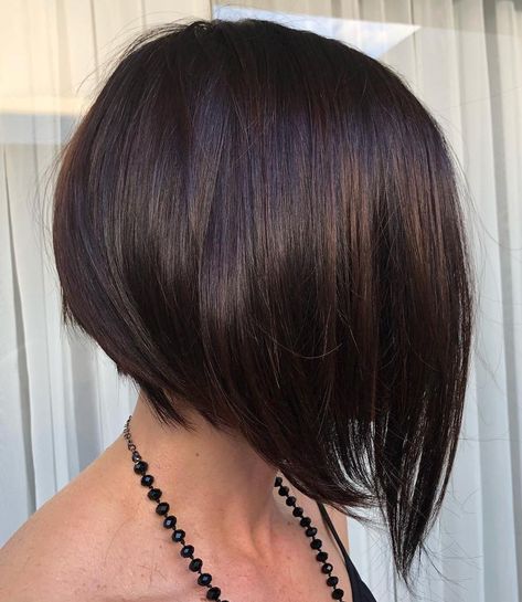 Brunette Angled Bob with Subtle Highlights Line Bob, A Line Haircut, A Line Bob, Graduated Bob Haircuts, Line Bob Haircut, A Line Bobs, Balayage Bob, Brunette Bob, Hair Adviser