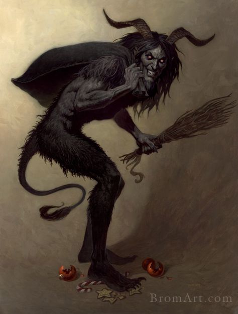 Krampus- alpine folklore: a dark tall figure that has two curled horns and goat legs and tail. He would come to each house every year to kidnap all the naughty children in a big bag that he threw over his shoulder. Dark Fantasy Book, Art Alien, Art Noir, A Broom, Arte Obscura, Angels And Demons, Arte Horror, Art Moderne, Fantasy Books