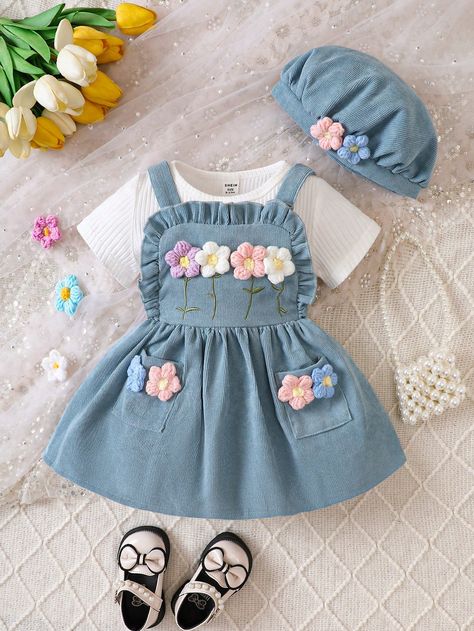 3pcs Baby Girls' Solid Ribbed Texture Short Sleeve T-shirt And Corduroy Dress With 3d Flower Applique And Hat Blue     Floral  Non-Stretch  Baby Girls Clothing, size features are:Bust: ,Length: ,Sleeve Length: Wearable Art Clothing Baby, New Born Dress Patterns, Toddler Flower Girl Dresses Shein, Best Boutique For Toddlers Dresses, Stocker Vetement Bebe, Vintage Cottagecore Dress Kids, Newborn Baby Dress Embroidery, Draps Design, 3d Flower Applique