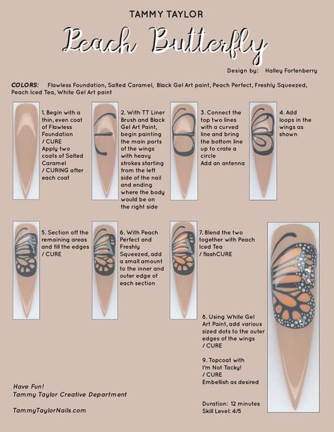 Nail Painting Tips, Peach Butterfly, Butterfly Step By Step, Nail Tech School, Nailart Tutorial, Tammy Taylor Nails, Business Nails, Nail Tip Designs, Acrylic Nails At Home