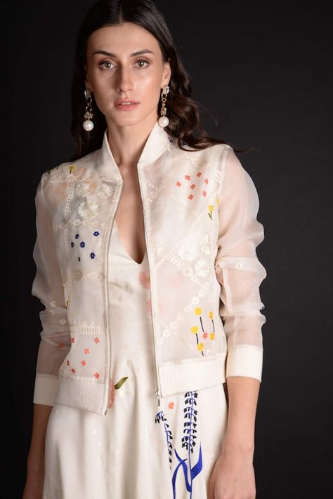 Buy White Silk Organza Band Collar Abr Bomber Jacket For Women by Sahil Kochhar Online at Aza Fashions. Sahil Kochhar, Silk Dress Design, Curvy Women Dresses, Organza Jacket, Simple Frock Design, Applique Work, Floral Jacket, Embroidered Neckline, Jacket For Women