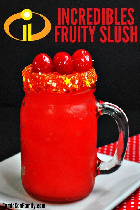 If your a Disney/Pixar’s Incredibles fan, then you’re going to love this Incredibles Fruity Slush Recipe! This frozen drink only needs 5 ingredients and is super simple to make for hot summer days, Incredibles birthday party, or movie nights! #disney #pixar #incredibles2 Incredibles Movie Night Food, The Incredibles Food Ideas, Incredibles Birthday Party Food, The Incredibles Dinner And A Movie, The Incredibles Movie Night, Incredibles Dinner And A Movie, Super Ideas Dinners, Movie Themed Recipes, Movie Night Cocktails