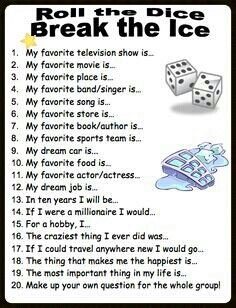 Use up to 3 dice, campers roll, add and answer! For even more get-to-know-you-fun...have them make up their own group list! Ice Breaker Games, Senior Activities, Roll The Dice, Ice Breaker, Games For Teens, E Mc2, Group Games, Team Building Activities, Ice Breakers