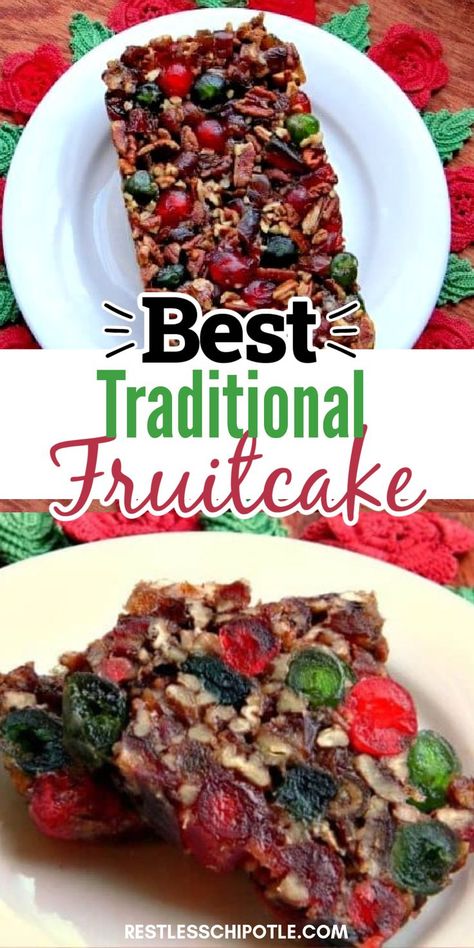 This is the BEST fruitcake recipe! It's been in my family for years! This old fashioned fruit cake recipe is an easy fruitcake for Christmas filled with dates, cherries, pineapple, and pecans that make it more like candy than a cake! Nutty Fruitcake Recipe, Old Fashioned Fruit Cake Recipe, Dark Fruit Cake Recipe, Holiday Fruit Cake, Best Fruitcake, Best Fruit Cake Recipe, Fruit Cake Recipe Easy, Candied Cherries, Fruit Cake Recipe Christmas