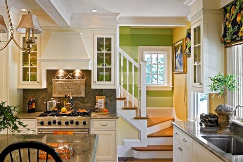 Kitchen back stairs!! Reminds me of all my favorite TGIF shows! Back Staircase Kitchen, Stairs To Kitchen, Stairwell In Kitchen, Staircase In Kitchen Layout, Stairs Off Kitchen, Staircase In Kitchen, Kitchen With Stairs, Kitchen Staircase, Back Stairs