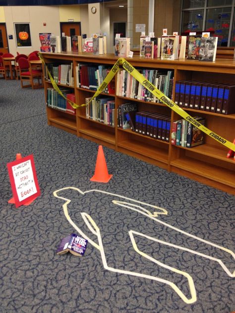 Halloween Decorations For Library, Mystery Book Display, Library Halloween Displays, Halloween Library Decorations, Halloween Library Displays, Fall Library Displays, School Library Book Displays, Library Halloween, Librarian Ideas