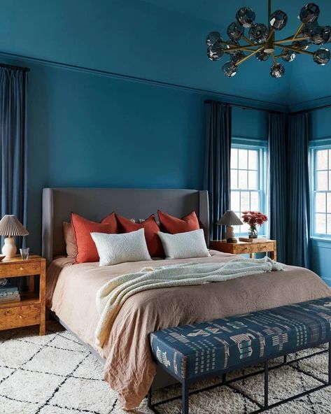 Stone Blue No.86 | Handcrafted Paint | Farrow & Ball Teal Headboard Bedroom, Turquoise Bedroom Ideas For Adults, Teal Bedroom Furniture, Simple Accent Wall Ideas, Sage And Burgundy, Simple Accent Wall, Dark Teal Bedroom Ideas, Teal Headboard, Hippie Bedrooms