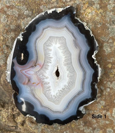 Large Natural Polished Black Agate Slice with Druzy Center. This would make a beautiful display piece. Measures: Length: 103mm Width: 80mm Depth: 5mm Geode Rug, Gabriel Tattoo, Natural Print, Agate Rocks, Agate Slices, Geode Slice, Grey Agate, Rare Stone, Crystal Geode