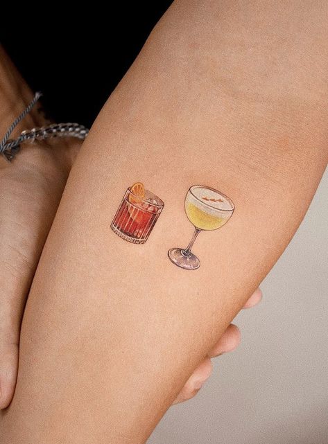 Life Of The Party Tattoo, Whiskey Sour Tattoo, Old Fashioned Tattoo Drink, Negroni Tattoo Ideas, Gin Tattoo Ideas, Moscow Mule Tattoo, Old Fashioned Tattoo Ideas, Cocktail Tattoo Ideas, Old Fashioned Drink Tattoo