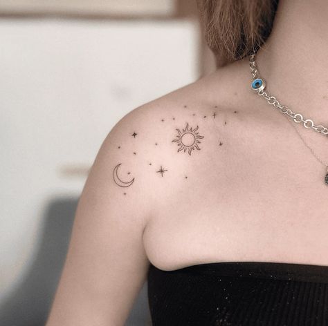 115+ Sun And Moon Tattoo Ideas To Represent The Yin And Yang In Life! Yin Yang Matching Tattoo Best Friends, Yin Yang Moon Tattoo, Sun And Moon Tattoo Ideas, Moon Tattoo Ideas, Shoulder Cap Tattoo, Sun And Moon Tattoo, Ribcage Tattoo, Crescent Moon Tattoo, Cute Tats