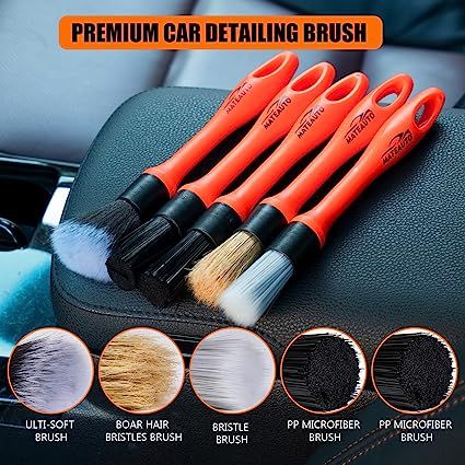 MateAuto 5PCS Car Detailing Brush Set, No Scratch Soft Boar Hair Detailing Brushes, Auto Detailing Kit Cleaning Supplies for Wheels, Tires, Leather Seats, Air Vent,Interior and Exterior… Mobile Detailing, Car Cleaning Kit, Auto Detailing, Car Cleaning Hacks, Leather Seats, Business Center, Brush Kit, Cleaning Upholstery, Air Vent